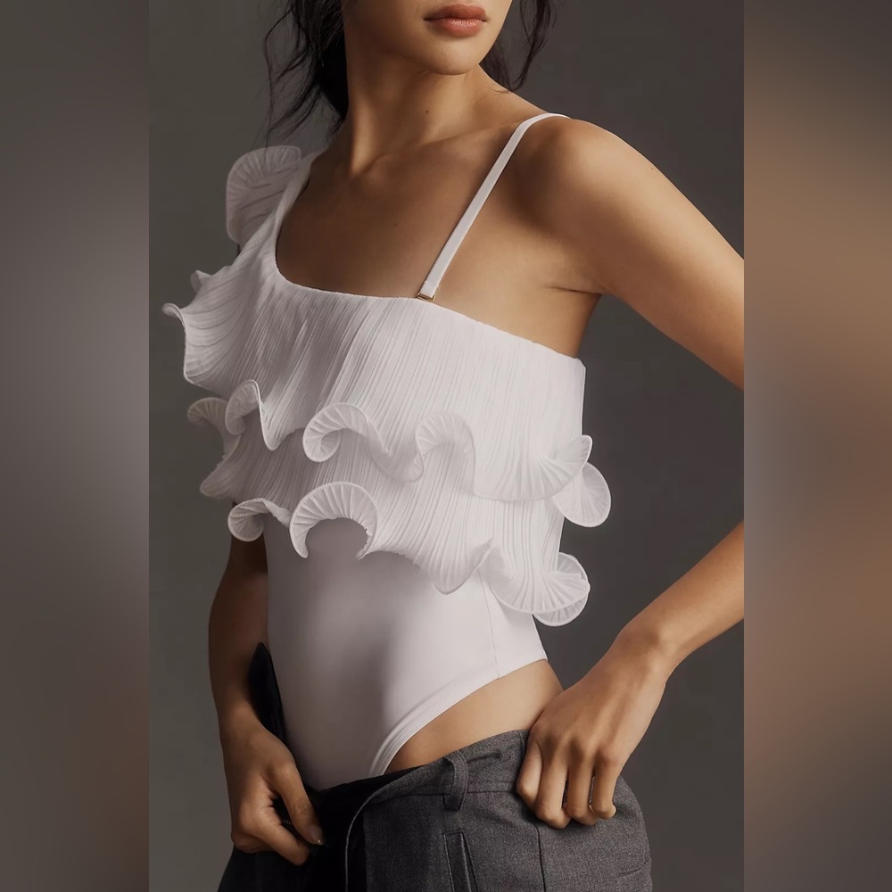 Anthropologie White One-Shoulder Ruffle Bodysuit Size L NWT